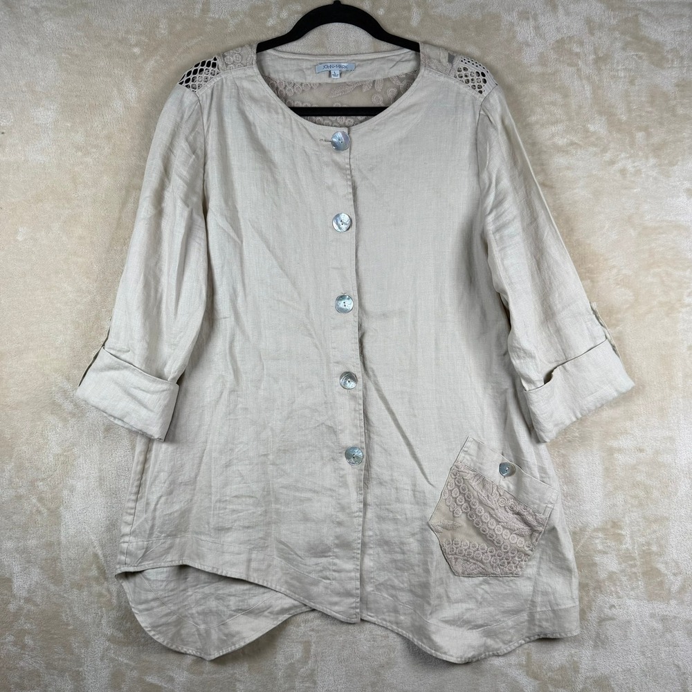 John Mark Women L Beige Linen Lace Back Top Asymmetrical Hem Lagenlook Boho